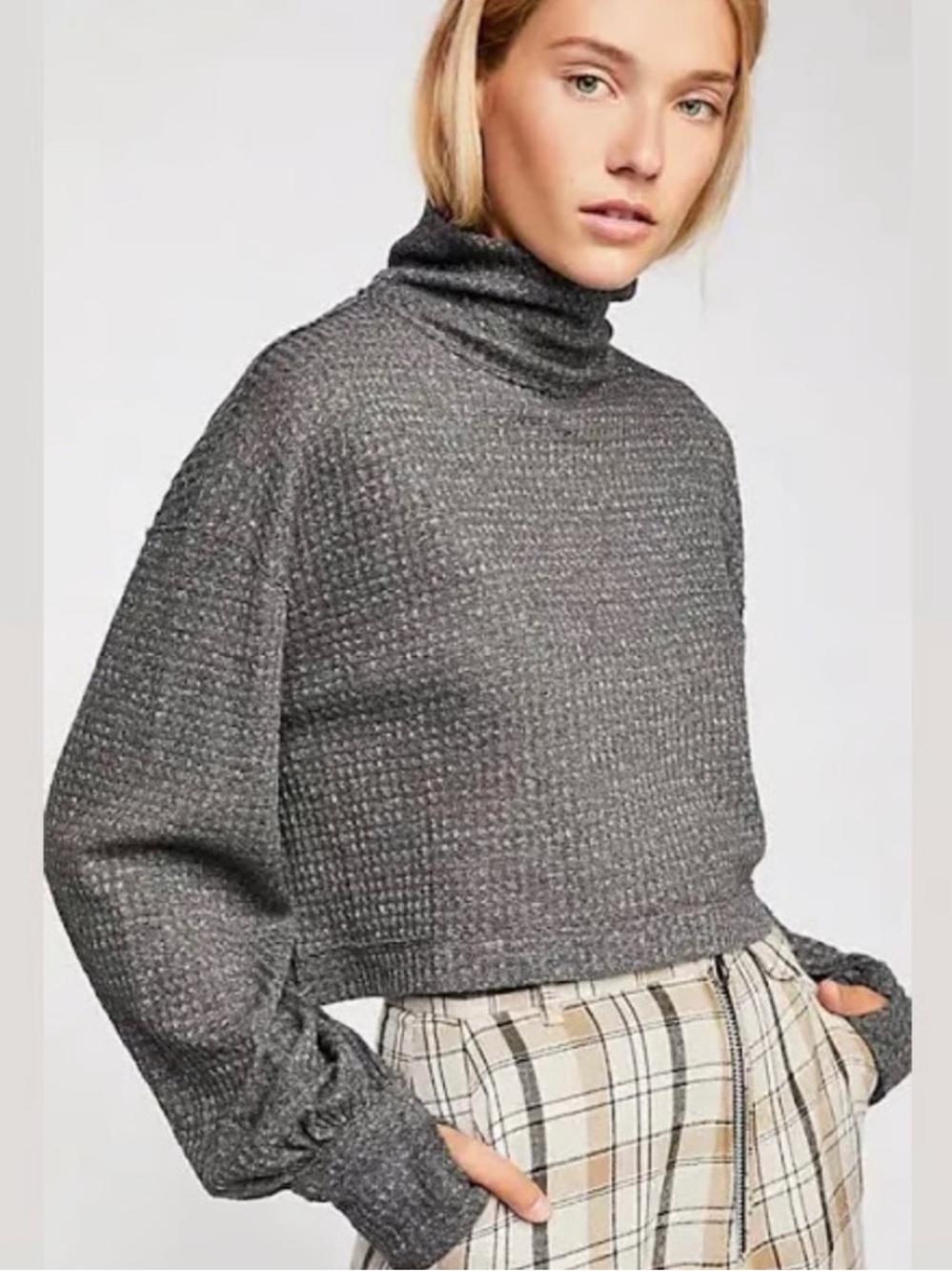 Free People Charcoal Cropped Knit Turtleneck Sweater